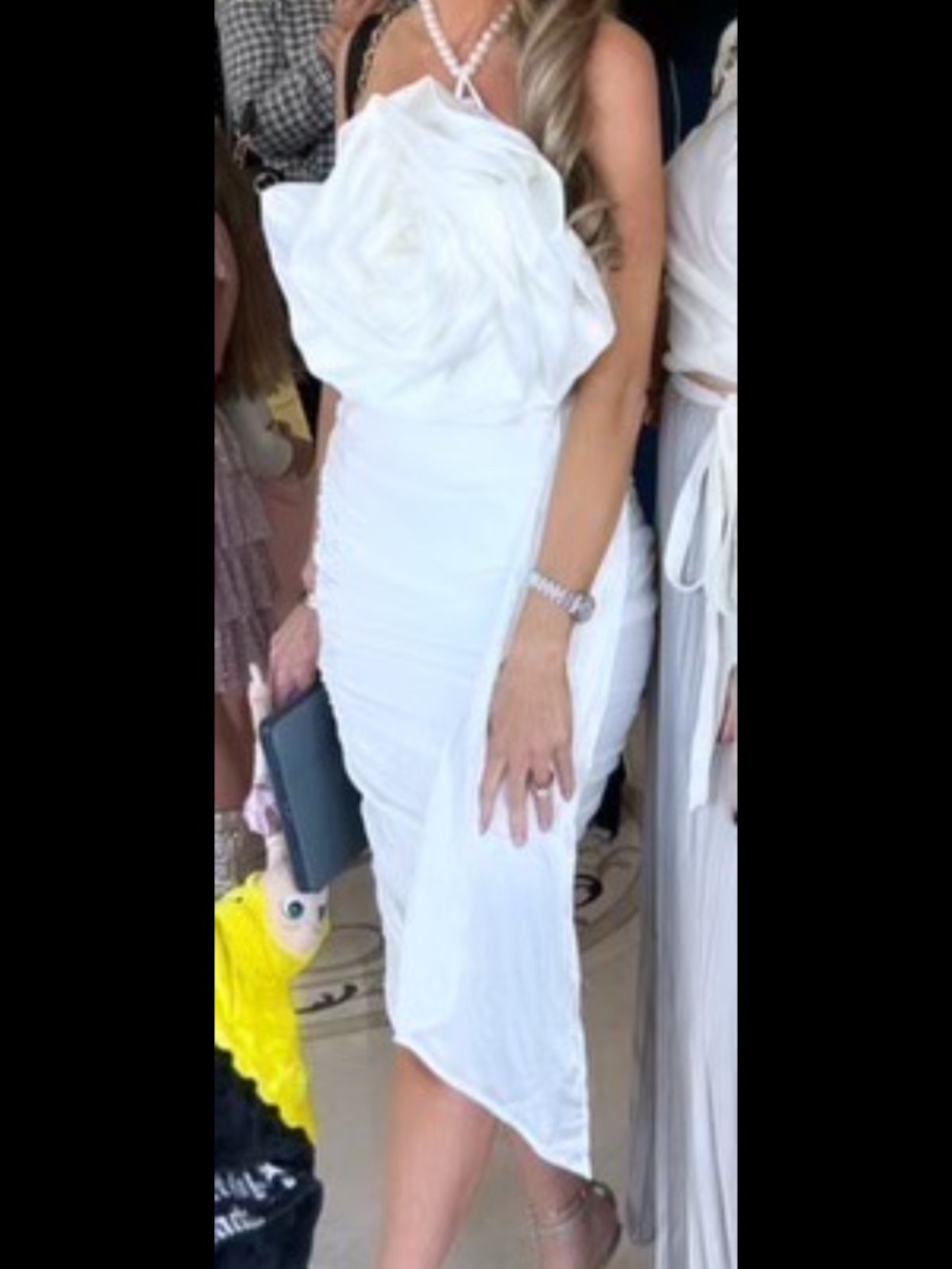 White dress with large and rose and pearls halter top